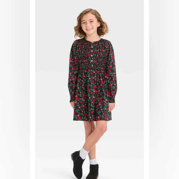 Cat & Jack Girls’ Long Sleeve Woven Dress - Black Floral 10/12 NWT - Picture 2 of 3